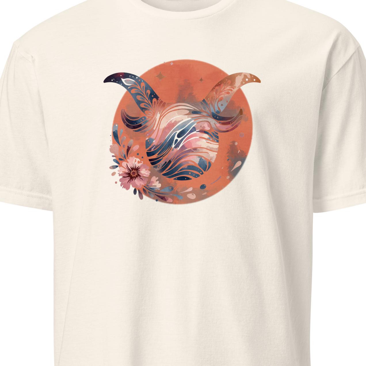 Beige t-shirt with a colorful abstract design