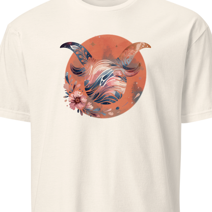 Beige t-shirt with a colorful abstract design