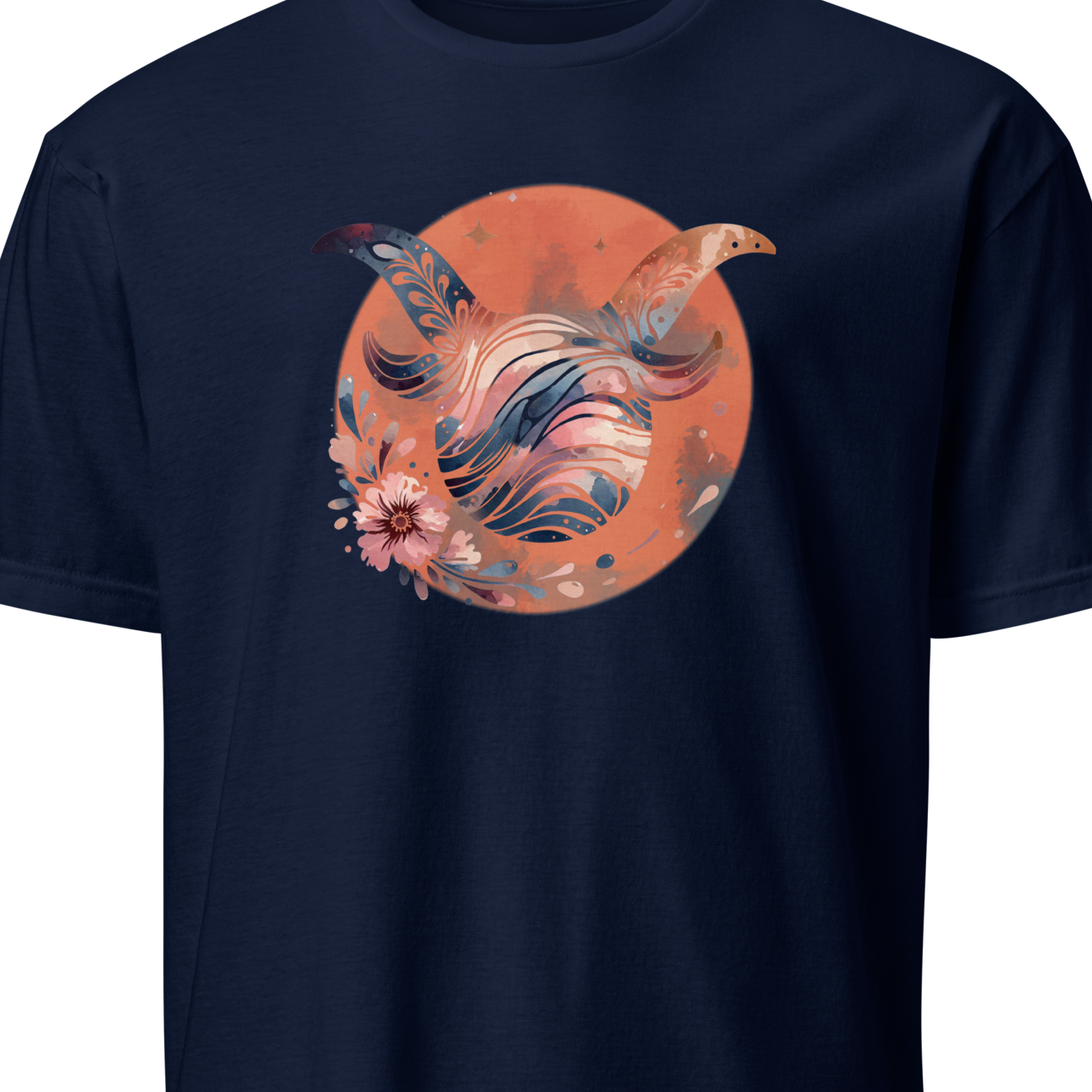 Navy blue t-shirt with a colorful taurus design on an orange background