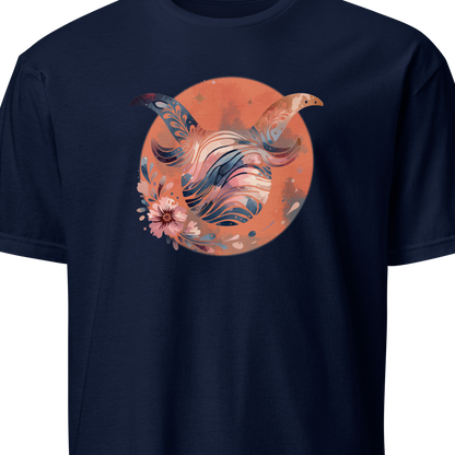 Navy blue t-shirt with a colorful taurus design on an orange background