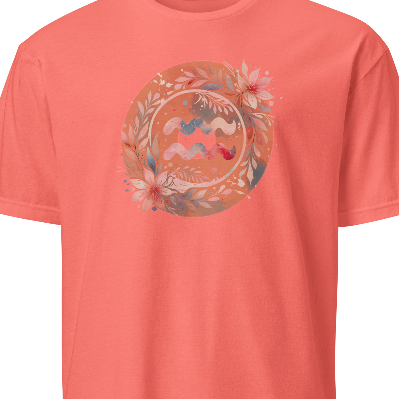 Coral t-shirt with a circular design featuring the aquarius symbol and floral elements on a white background.