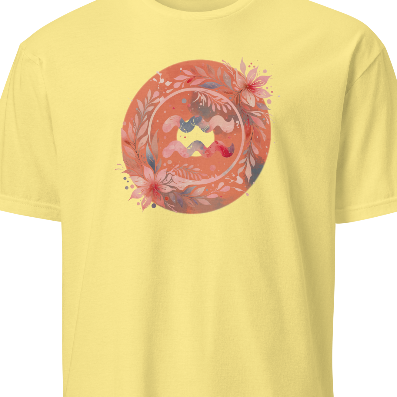 Yellow t-shirt with a colorful circular design on a white background
