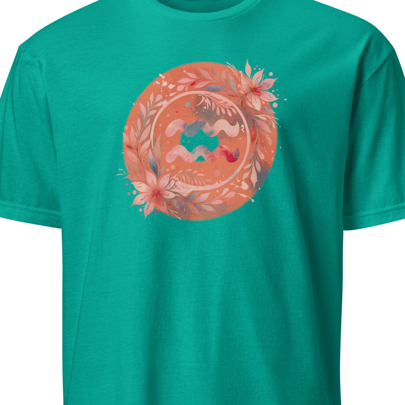 Teal t-shirt with a circular orange design on a white background