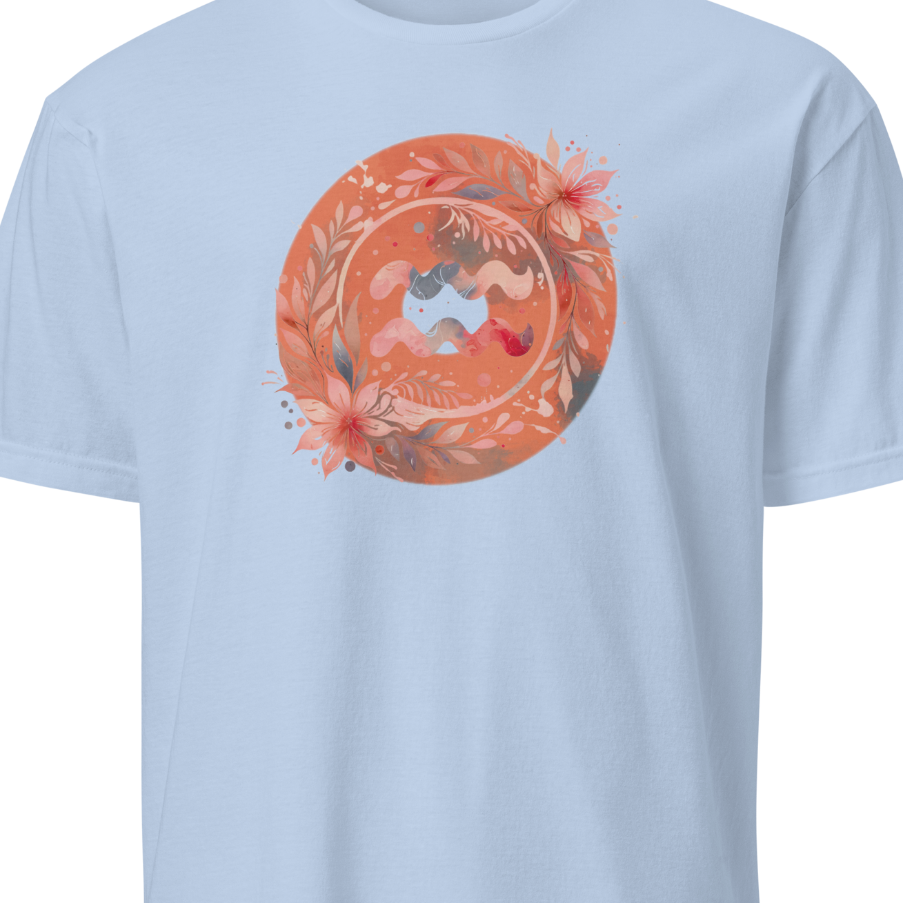 Light blue t-shirt with a circular orange design on a white background