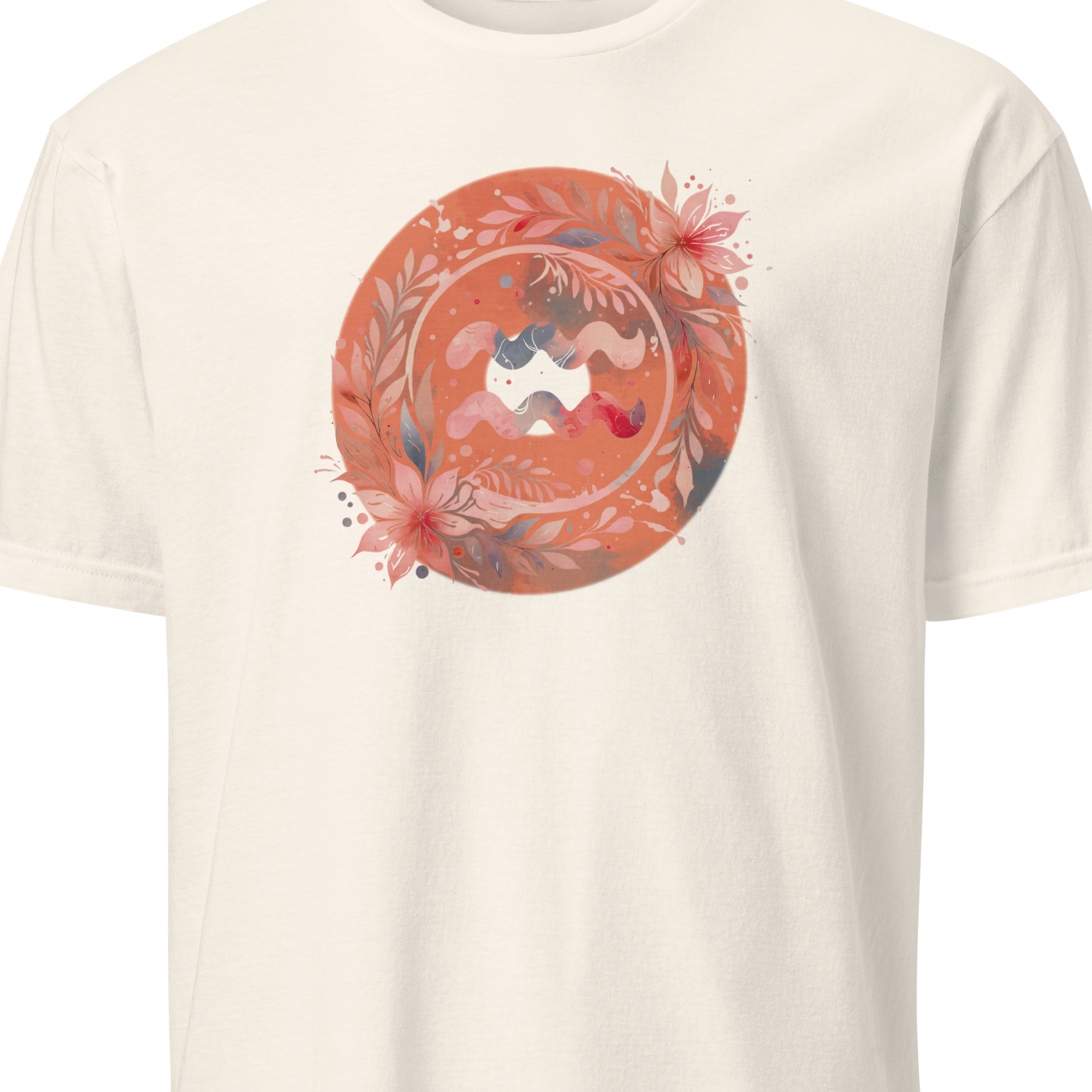 White t-shirt with a colorful graphic of an aquarius symbol with flowers.