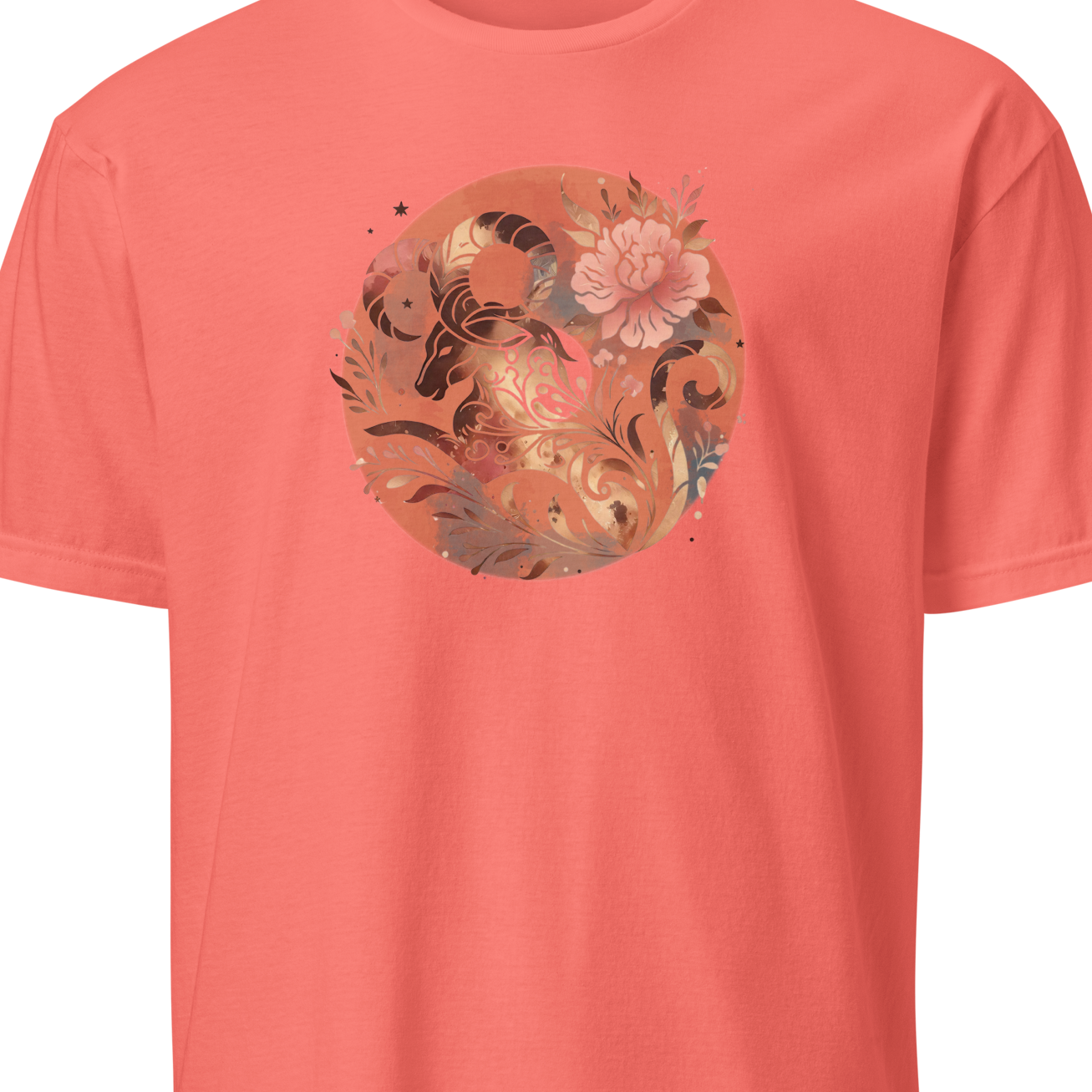 Coral t-shirt with a floral and animal design on a white background