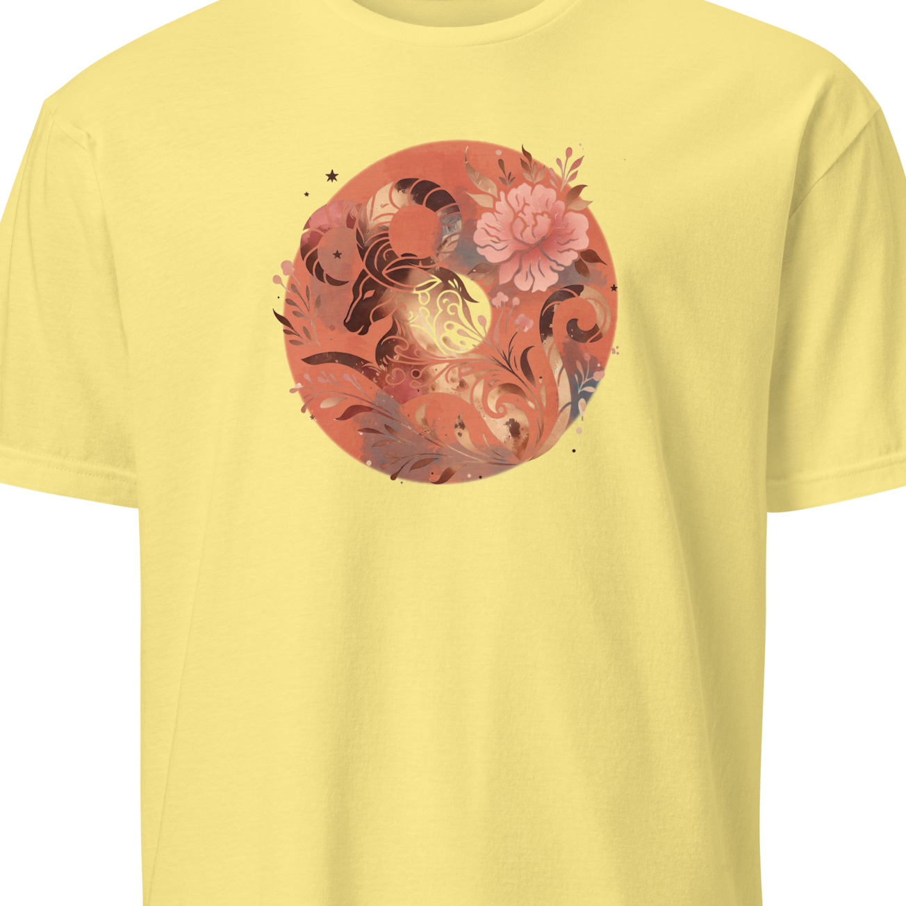 Yellow t-shirt with a circular floral and dragon design on a white background