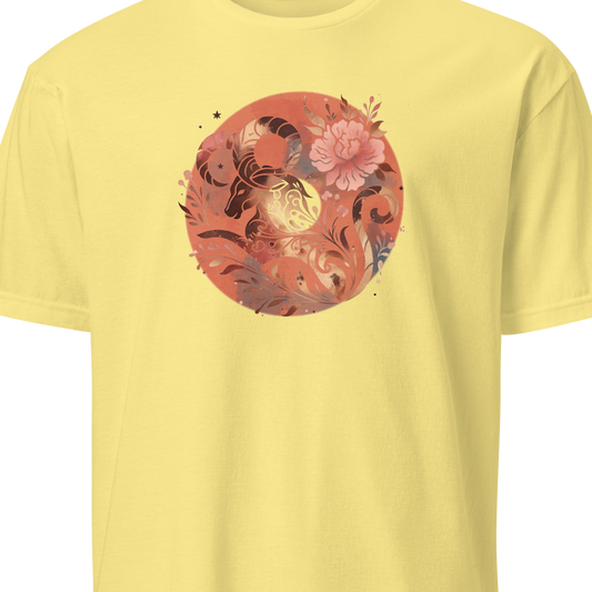 Yellow t-shirt with a circular floral and dragon design on a white background