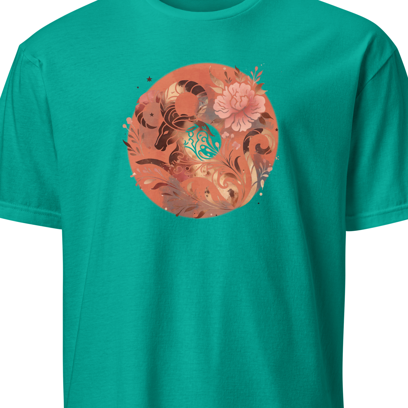Teal t-shirt with a circular floral design on a white background