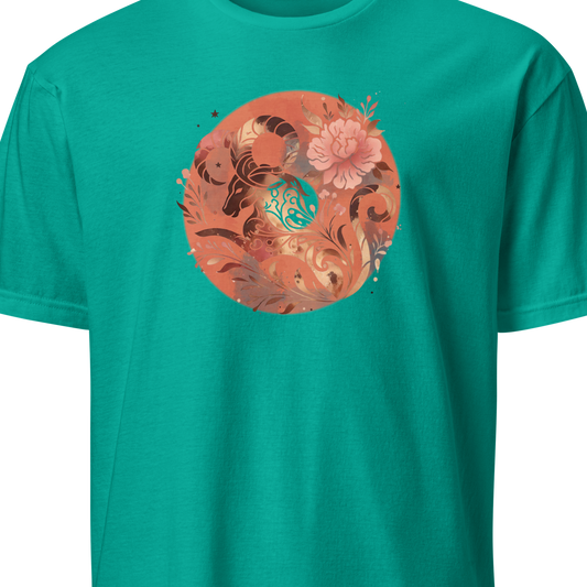 Teal t-shirt with a circular floral design on a white background