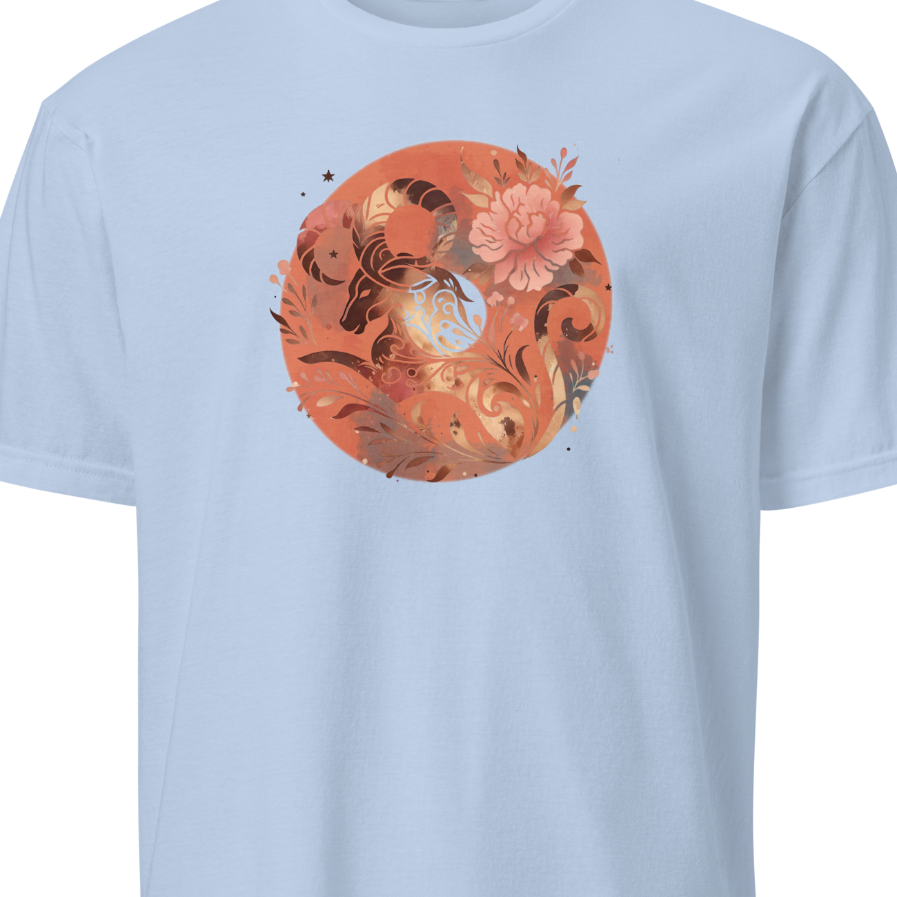 Light blue t-shirt with a circular floral design on a white background