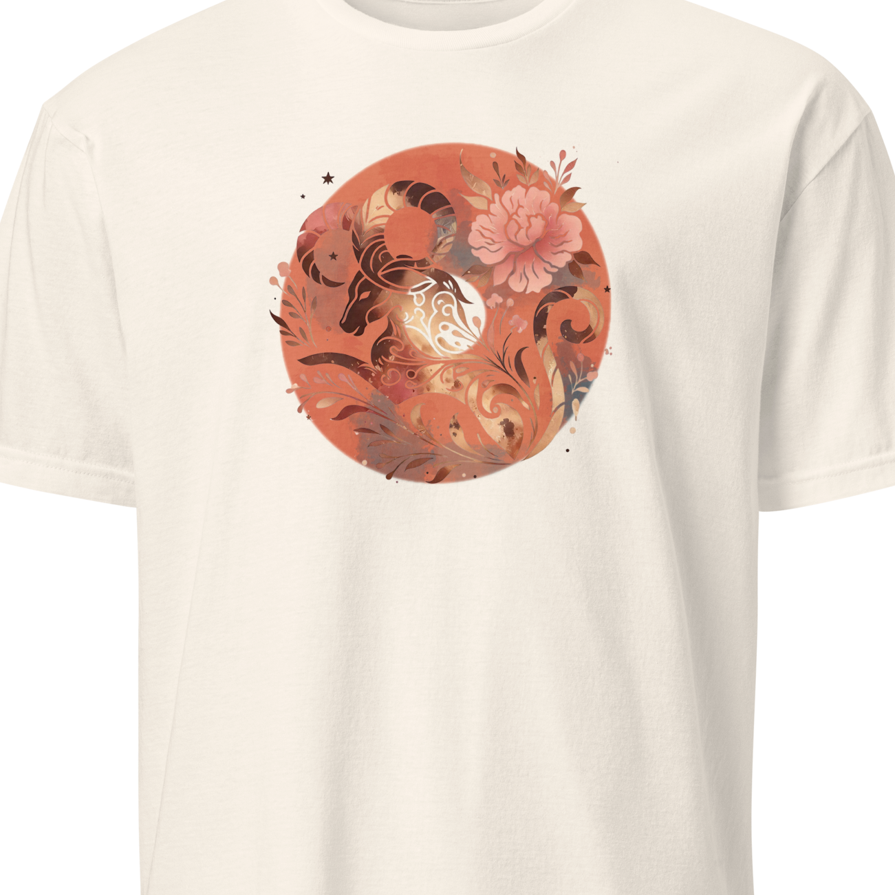 White t-shirt with a circular floral and capricorn design on a white background