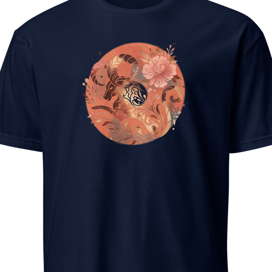 Navy blue t-shirt with a floral and insect design on a white background