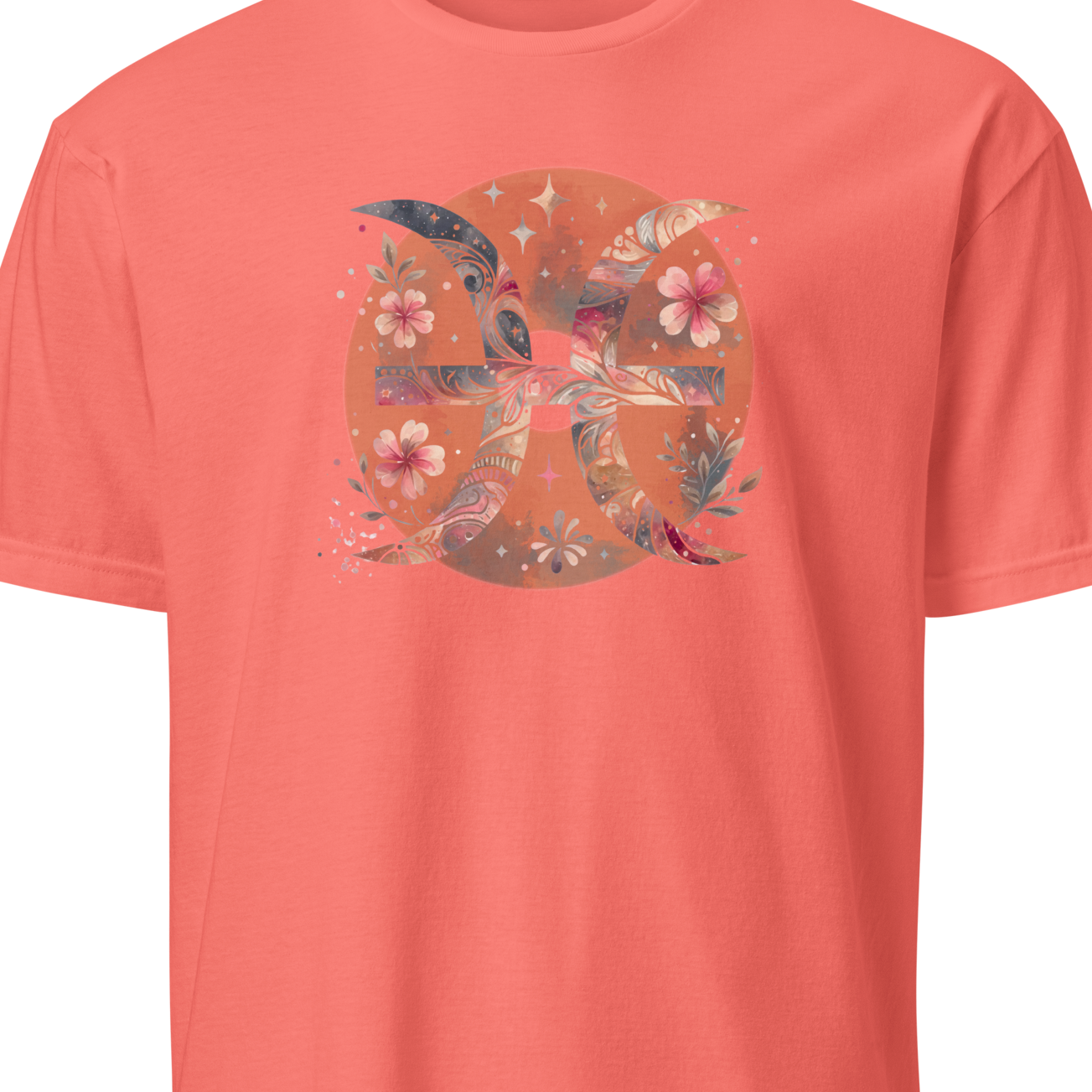 Coral t-shirt with a floral design on a white background