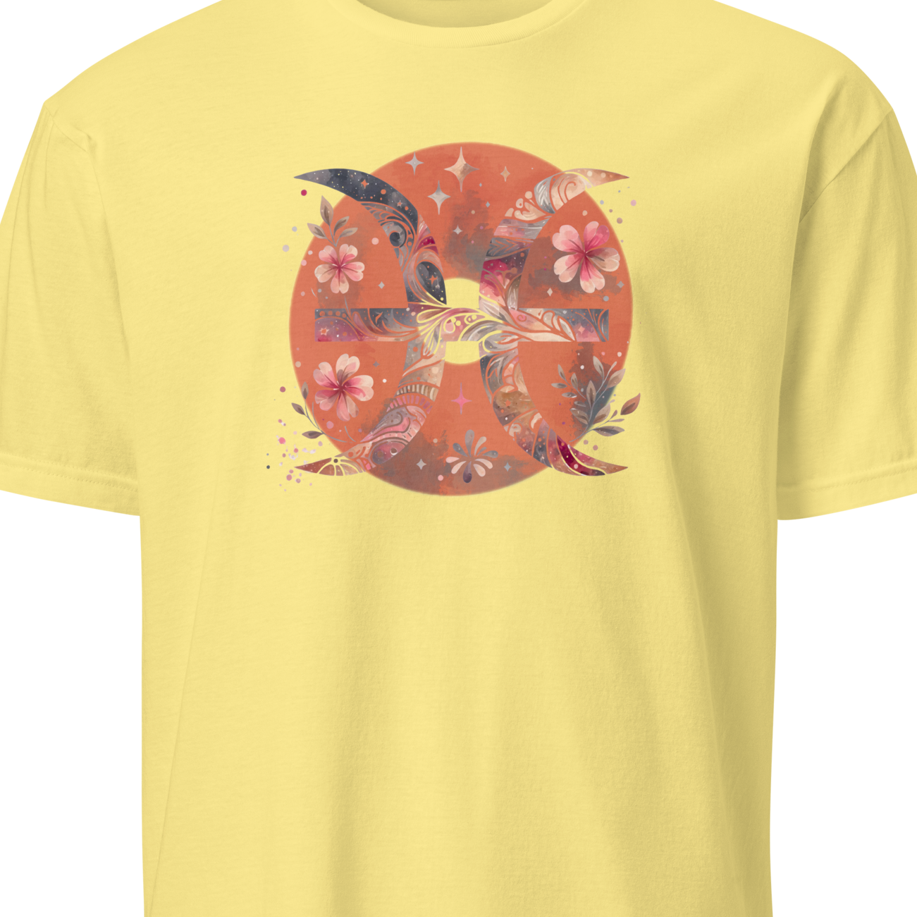 Yellow t-shirt with a colorful circular design on a white background
