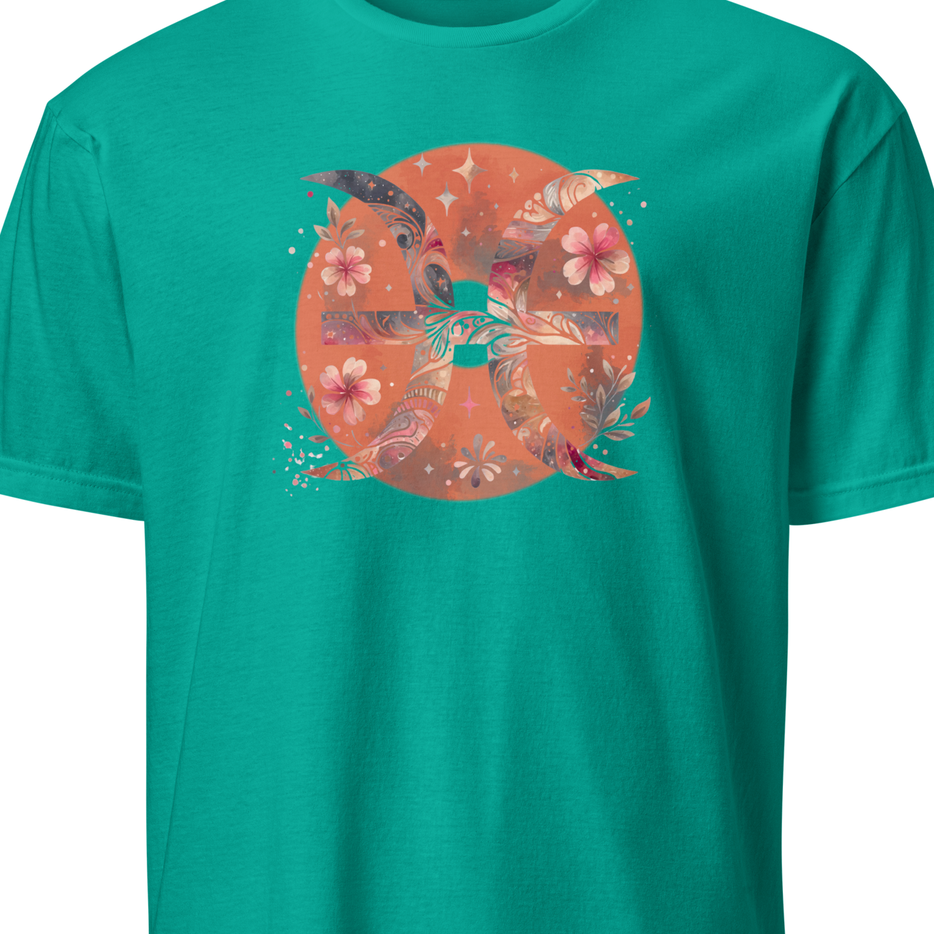 Teal t-shirt with a floral graphic design on a white background