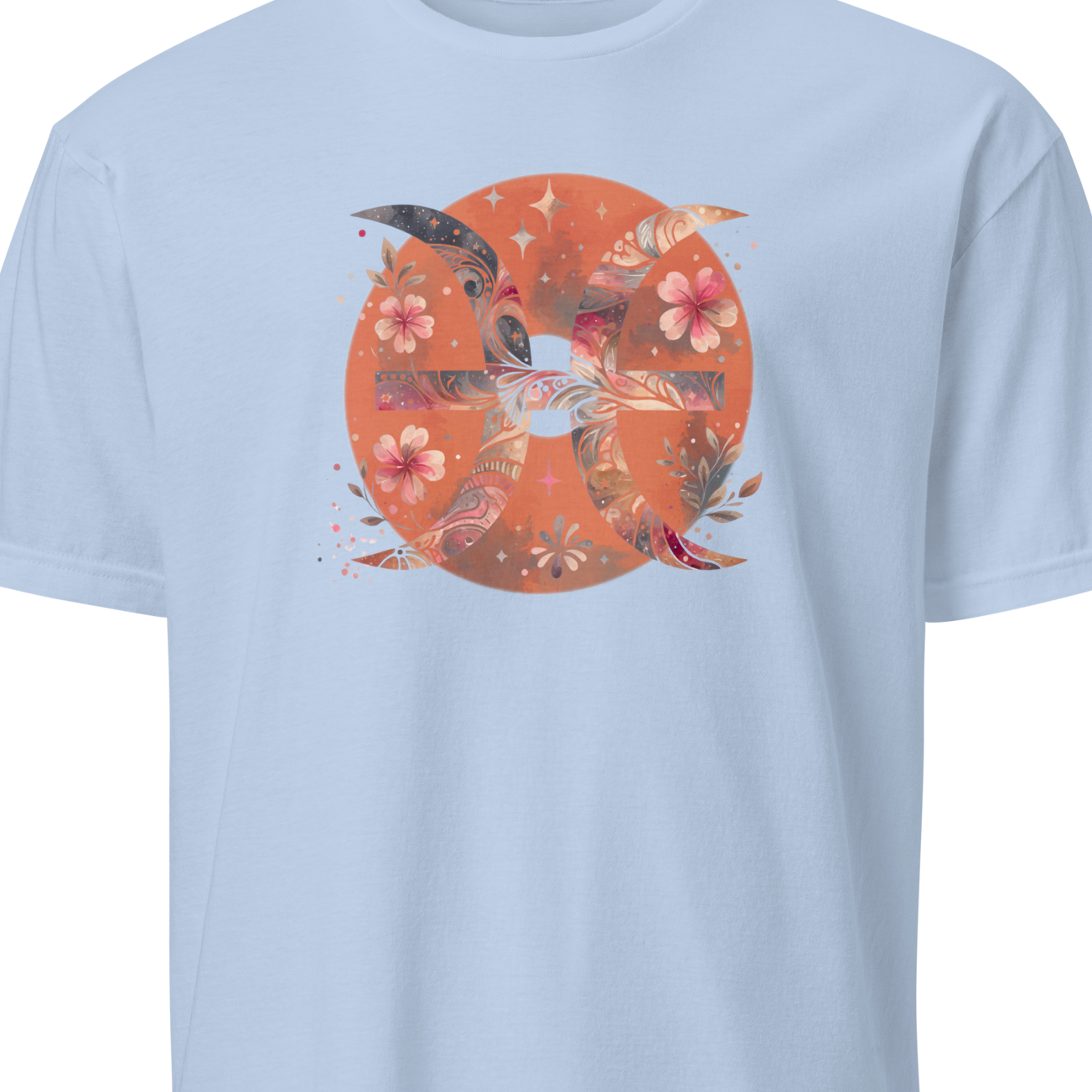 Light blue t-shirt with a circular design featuring pisces and flowers on a white background
