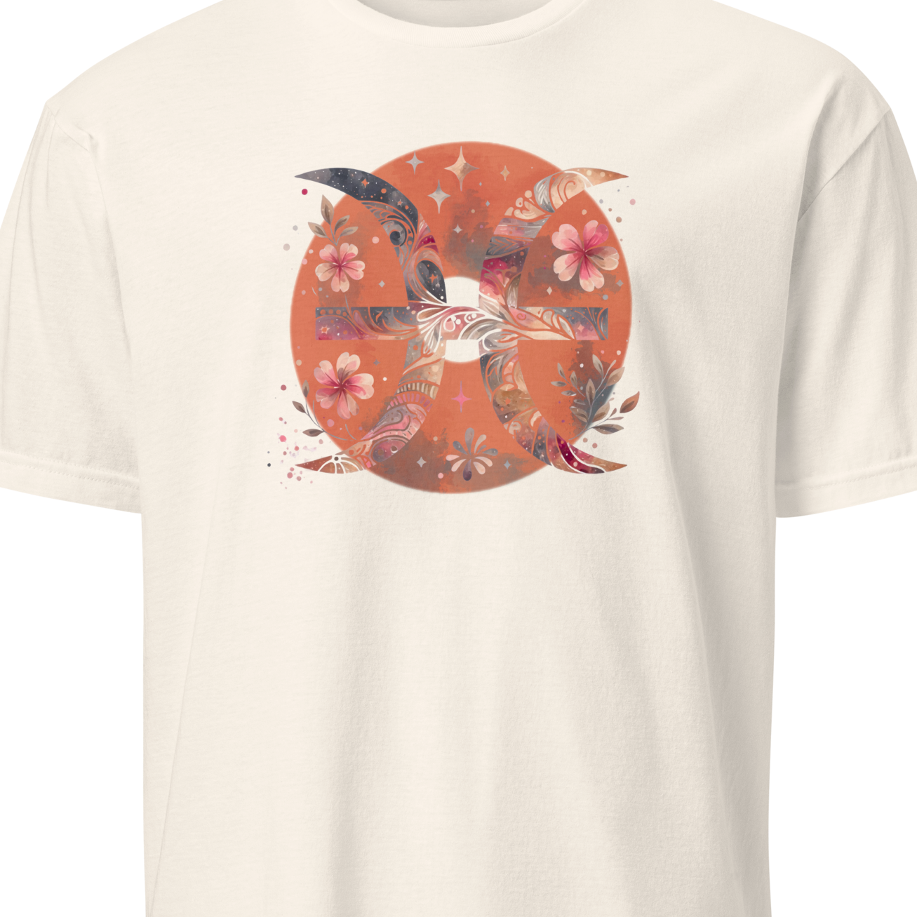 White t-shirt with a circular floral and bird design on a white background