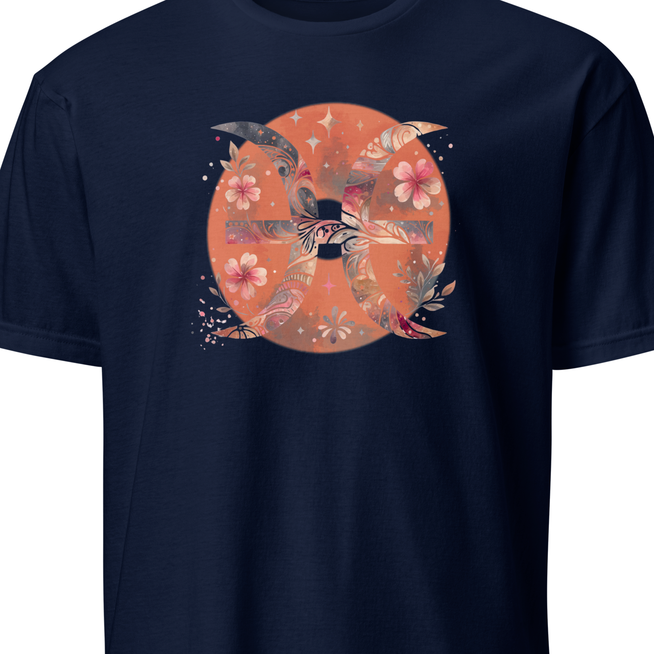 Navy blue t-shirt with a circular floral design on a white background