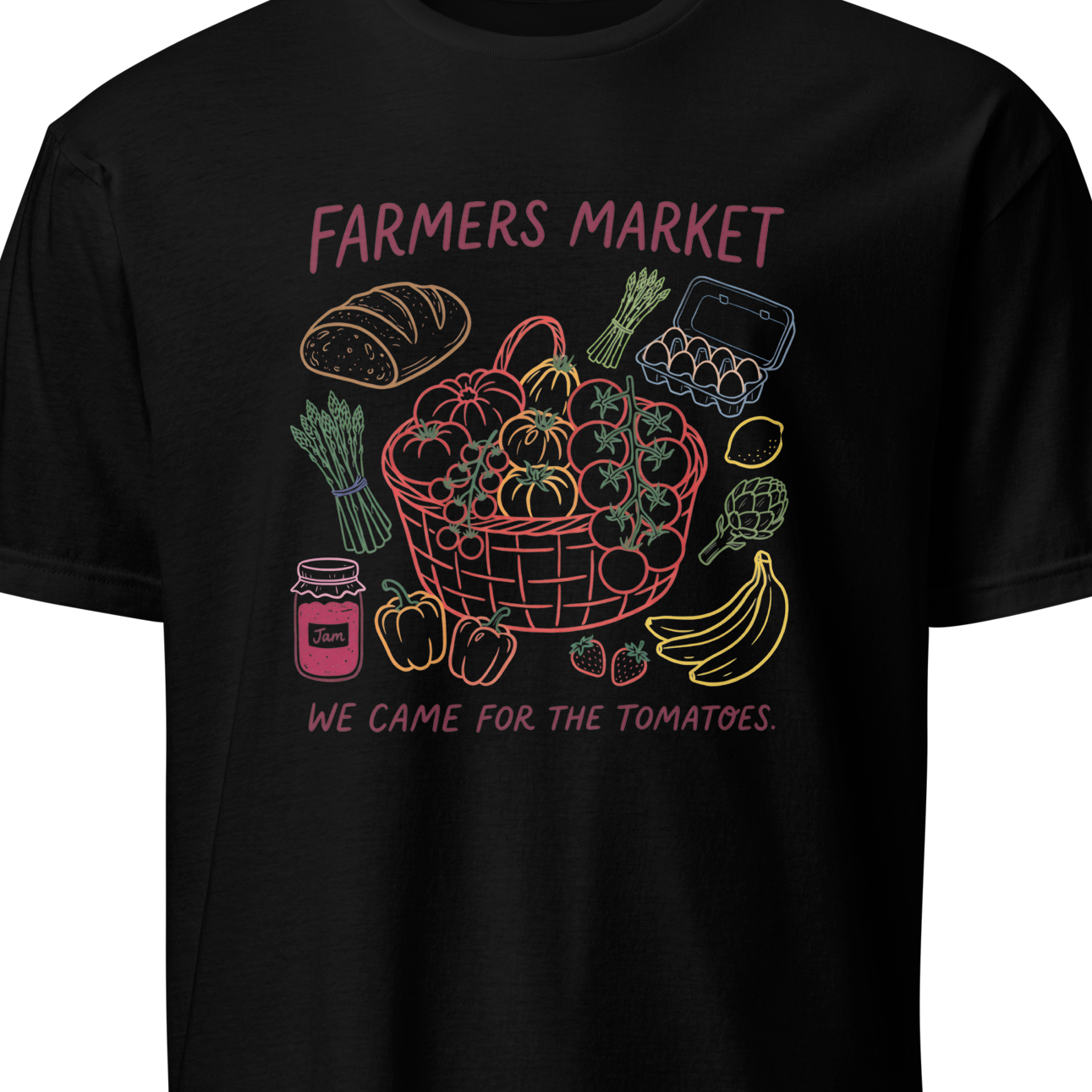 Black t-shirt with farmers market graphic and text 