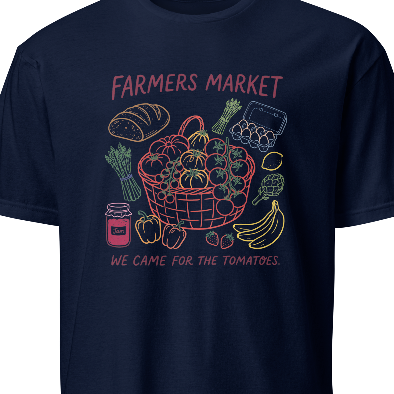 Navy blue t-shirt with farmers market graphic and text 