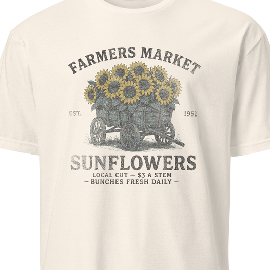 Light blue t-shirt with sunflower graphic and text 