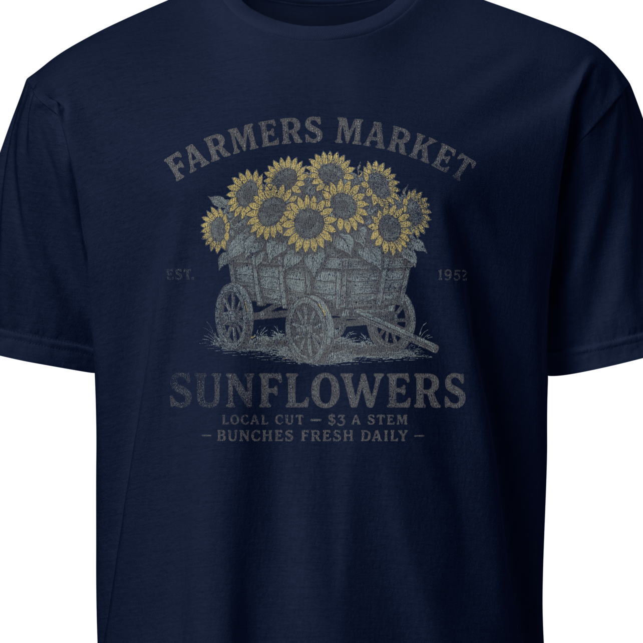 Navy blue t-shirt with sunflower design and text 