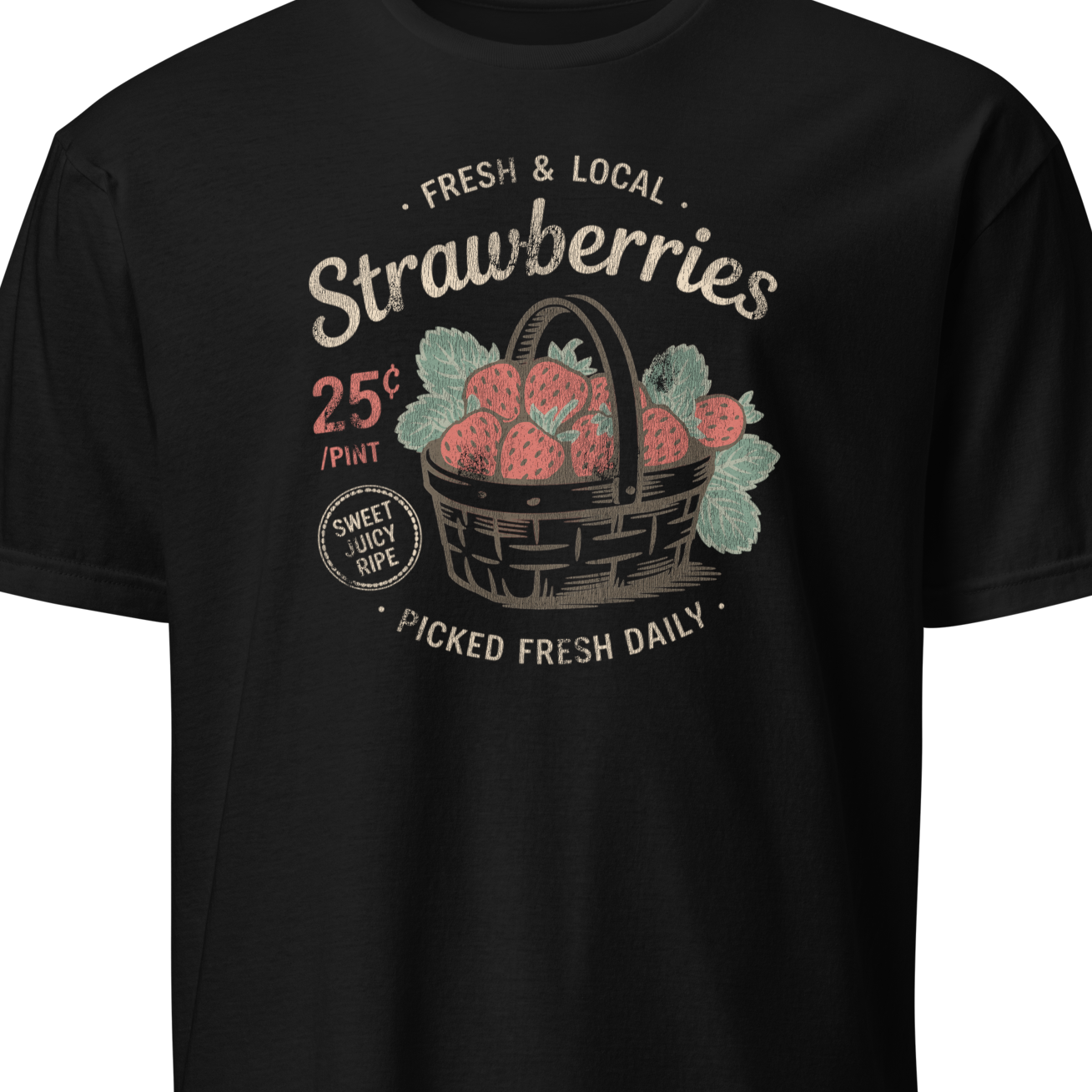 Black t-shirt with strawberry graphic and text on a white background