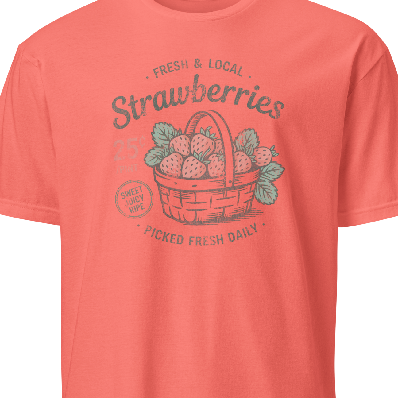 Coral t-shirt with strawberry graphic and text on a white background