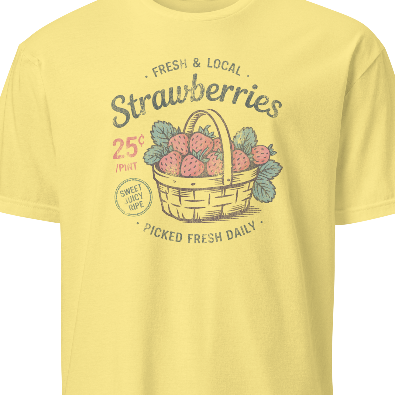 Yellow t-shirt with strawberry graphic and text on a white background