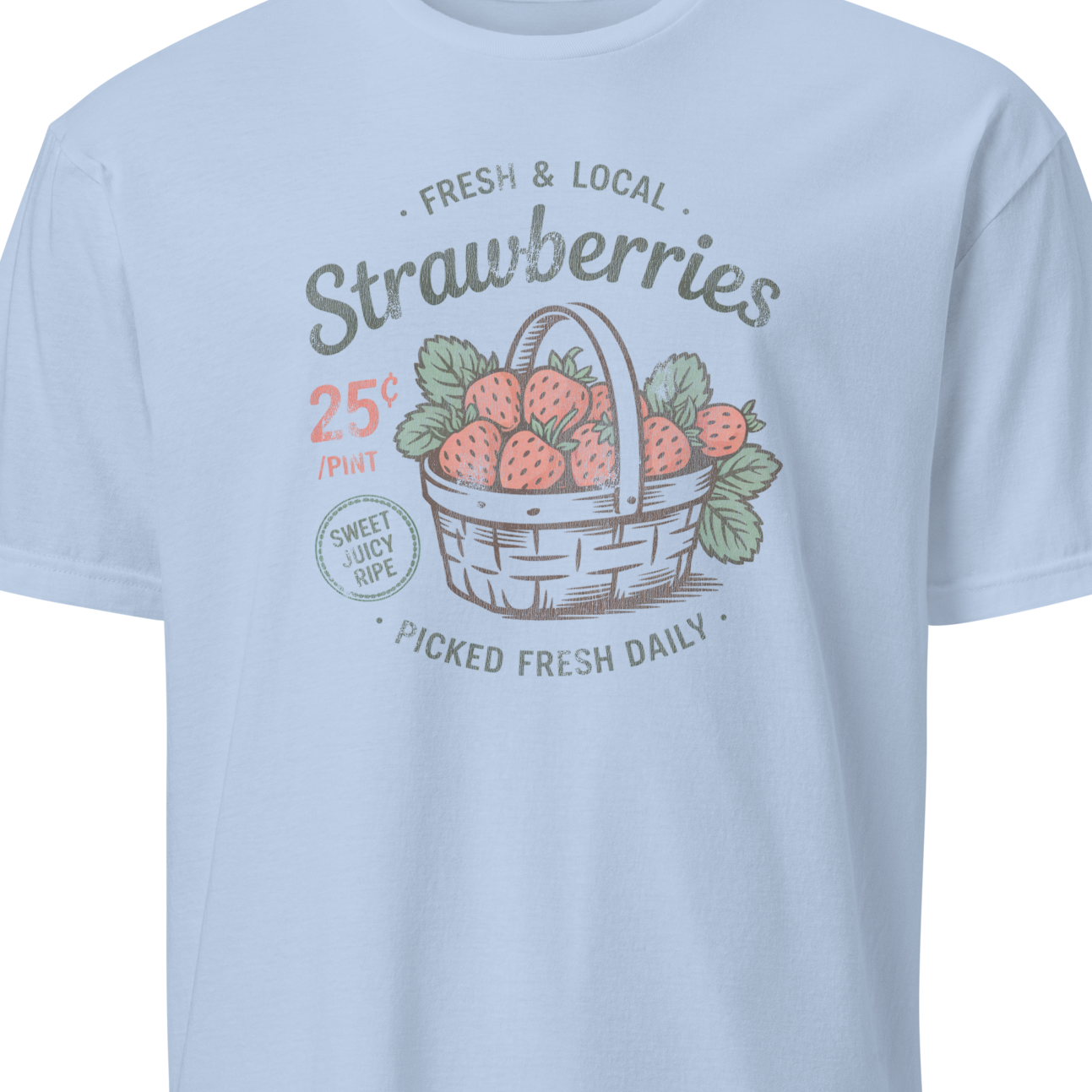 Light blue t-shirt with strawberry graphic and text on a white background