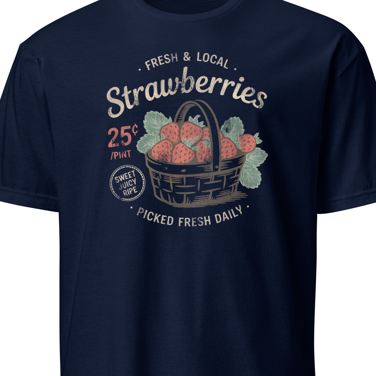 Navy blue t-shirt with strawberry graphic and text on a white background