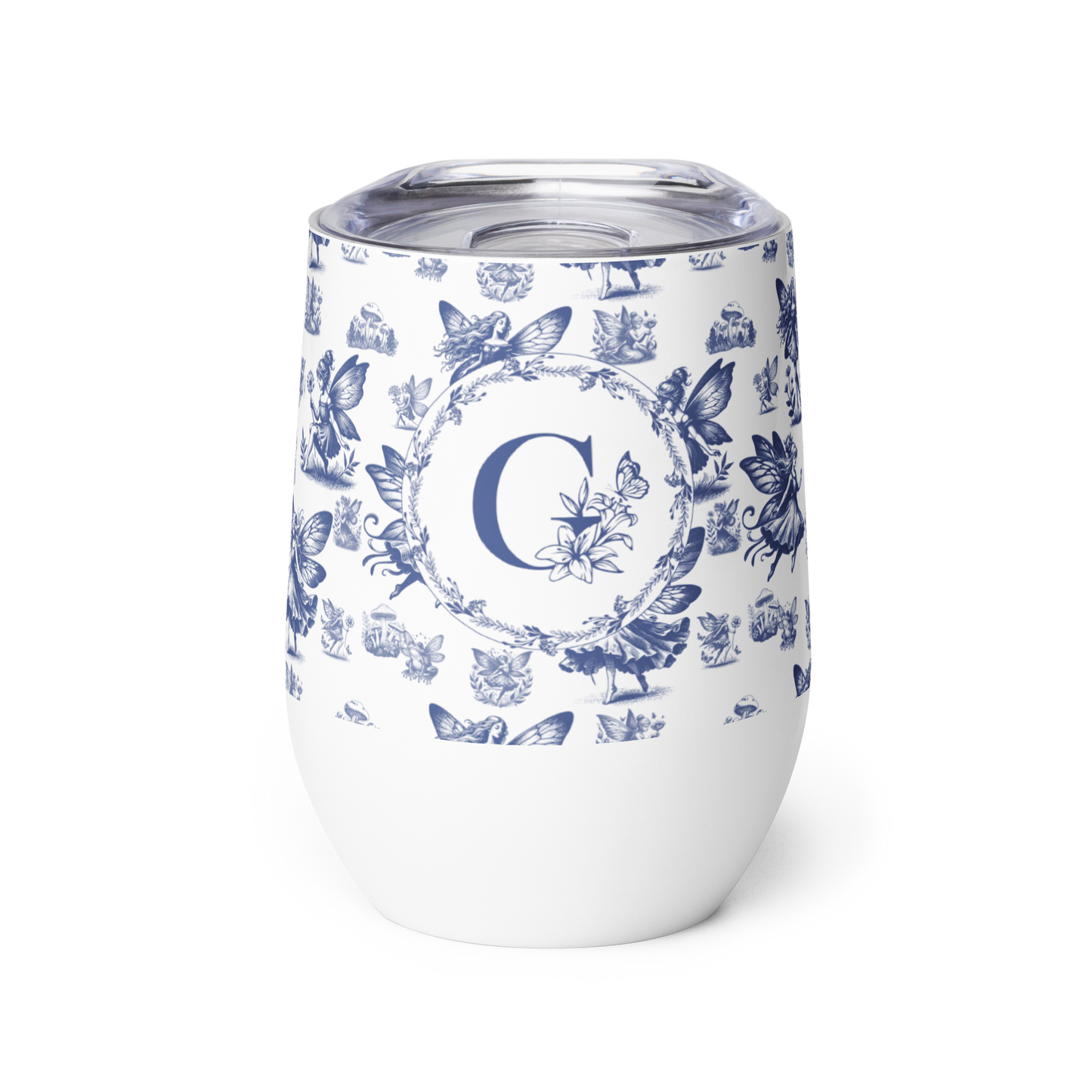 White tumbler with blue floral and butterfly pattern and letter 'G' on a white background