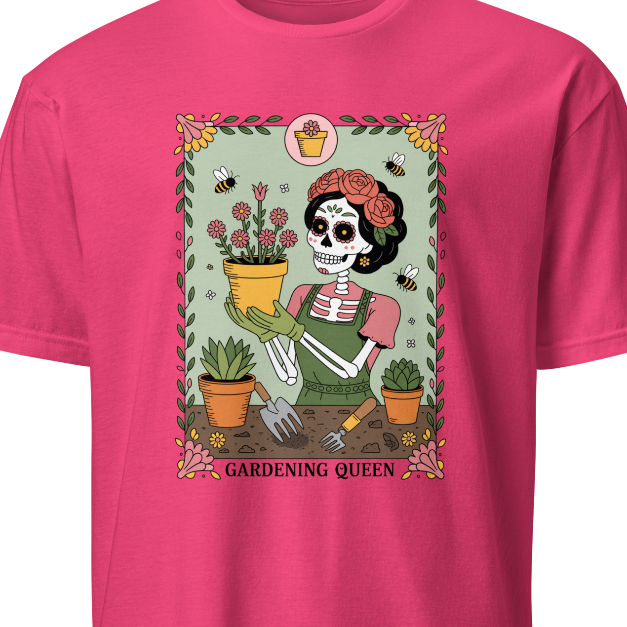 Pink t-shirt with a graphic of a skeleton gardening and the text 'Gardening Queen'