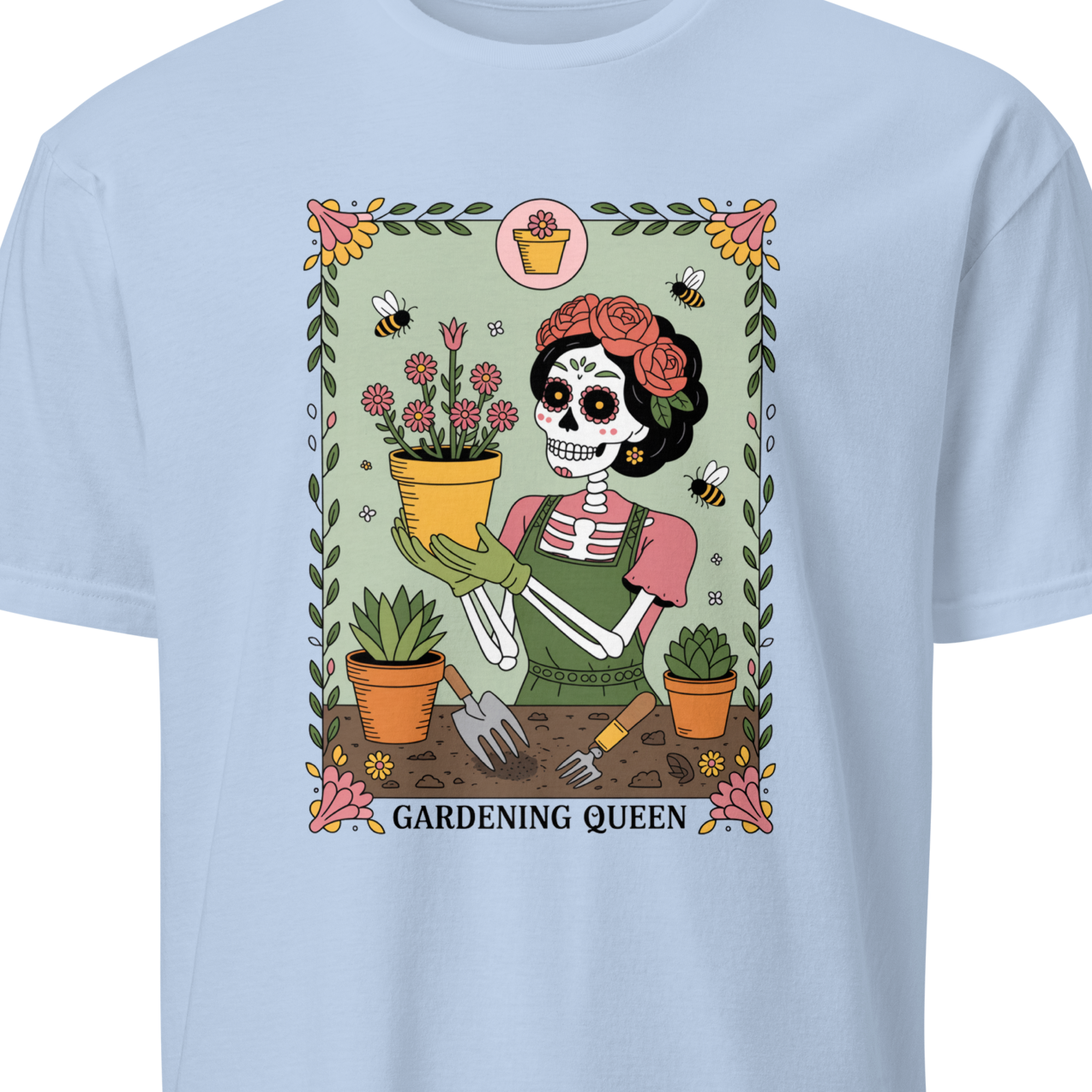 Light blue t-shirt with a skeleton gardening graphic and 'Gardening Queen' text 