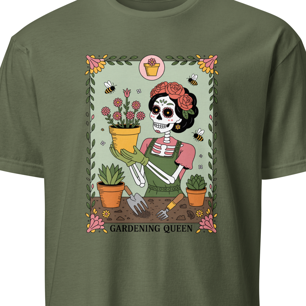 Green t-shirt with a skeleton gardening design