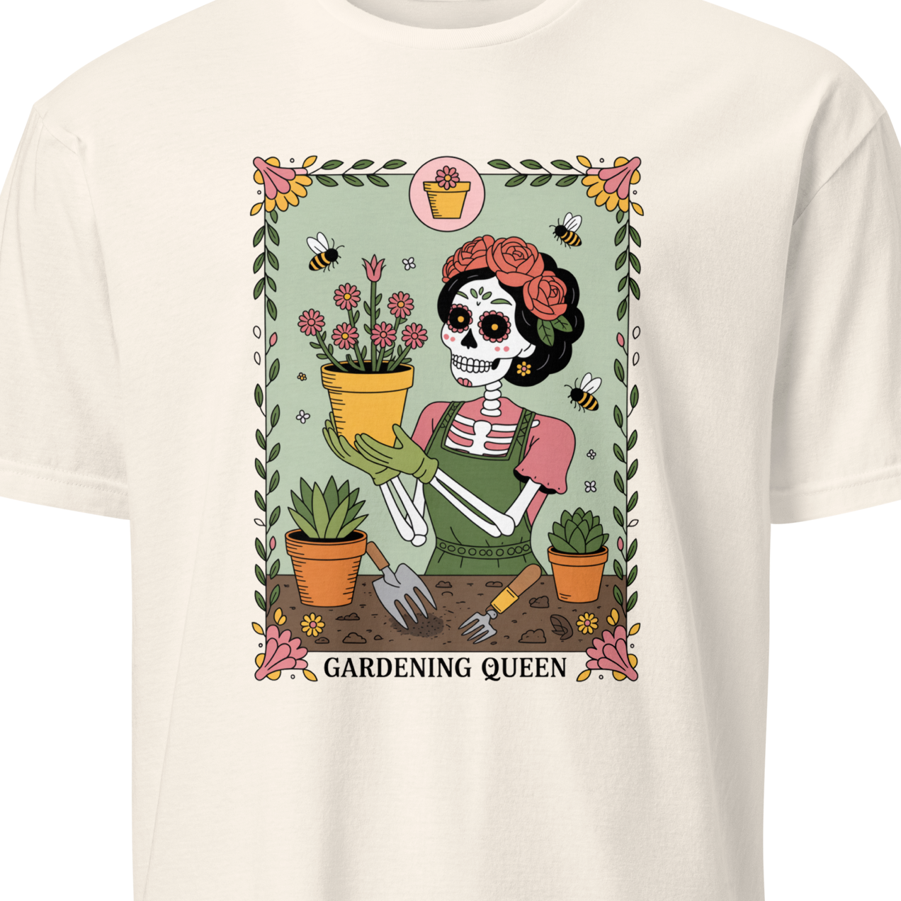 Beige t-shirt with a skeleton gardener graphic and 'Gardening Queen' text 