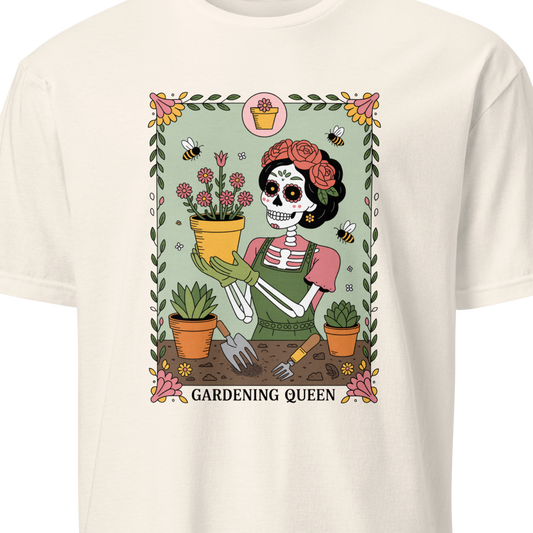 Beige t-shirt with a skeleton gardener graphic and 'Gardening Queen' text 