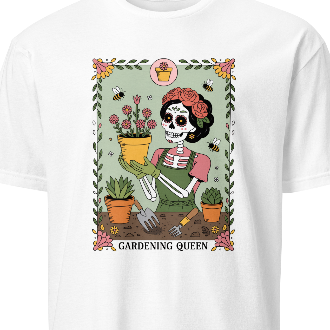 White t-shirt with a graphic of a skeleton gardening and the text 'Gardening Queen' 