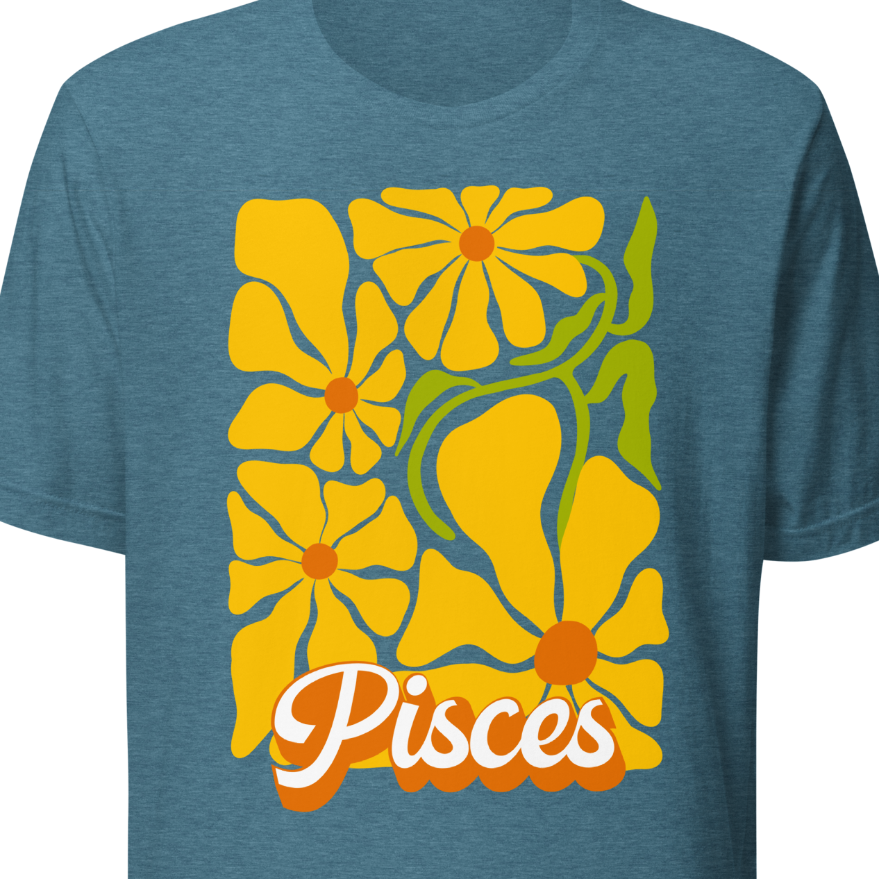 Teal t-shirt with yellow floral design and 'Pisces' text 