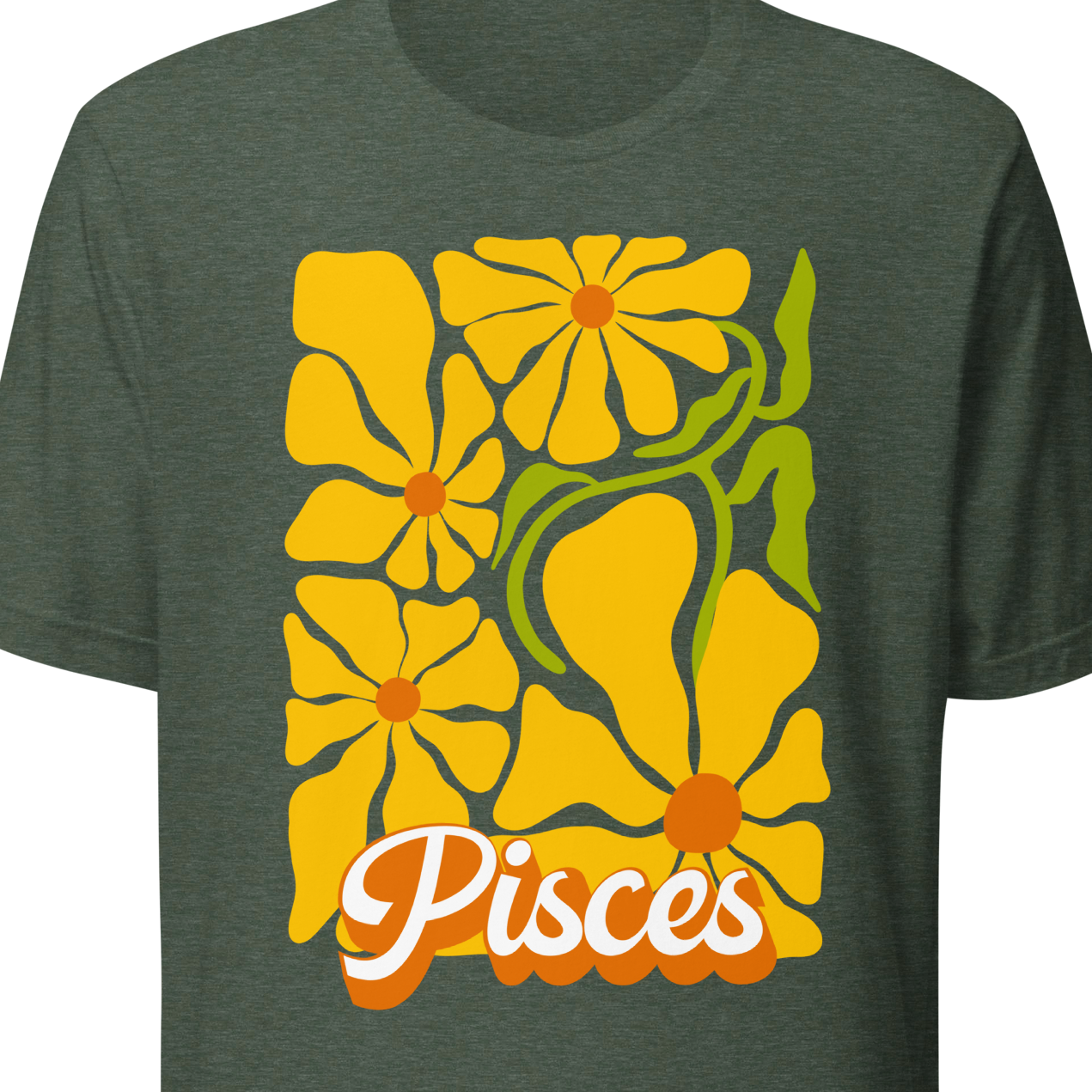 Green t-shirt with yellow floral design and 'Pisces' text 