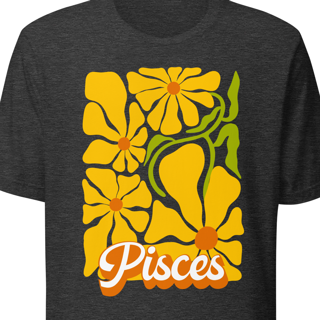 Gray t-shirt with yellow floral design and 'Pisces' text 