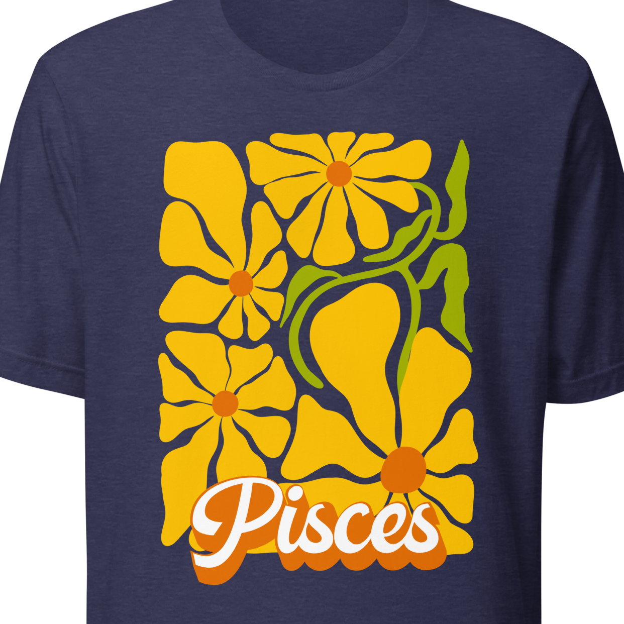 Navy t-shirt with yellow floral design and 'Pisces' text 