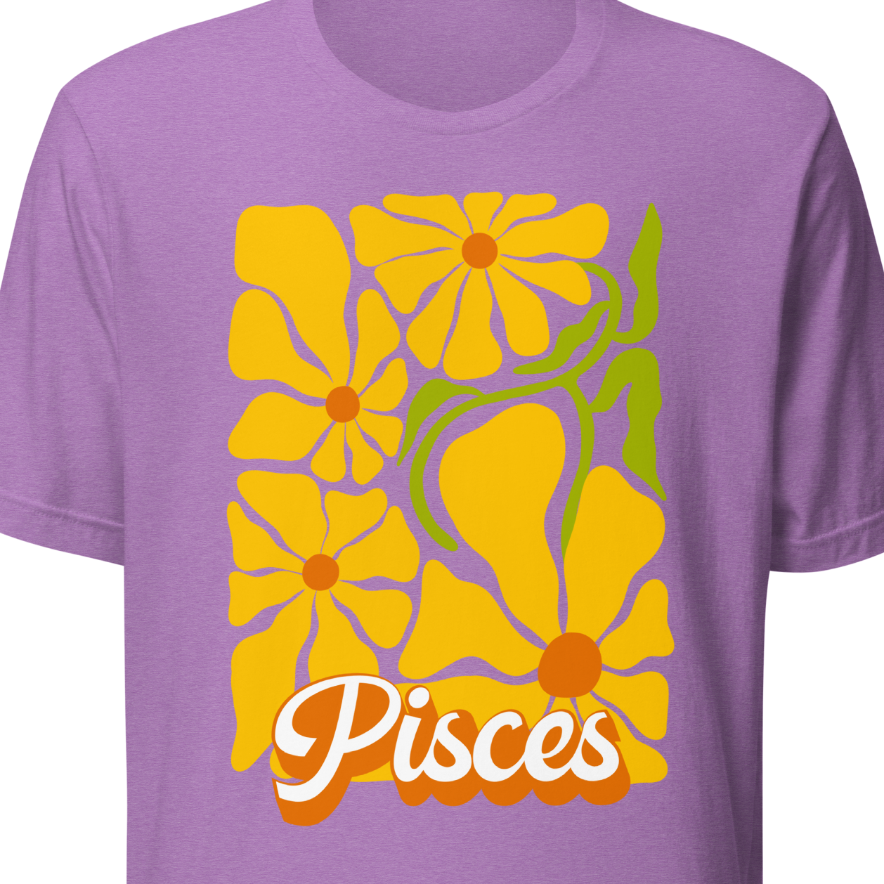 Purple t-shirt with yellow floral design and 'Pisces' text 