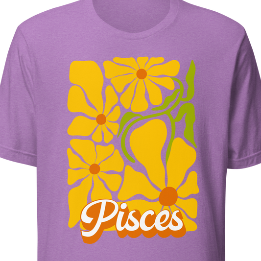 Purple t-shirt with yellow floral design and 'Pisces' text 