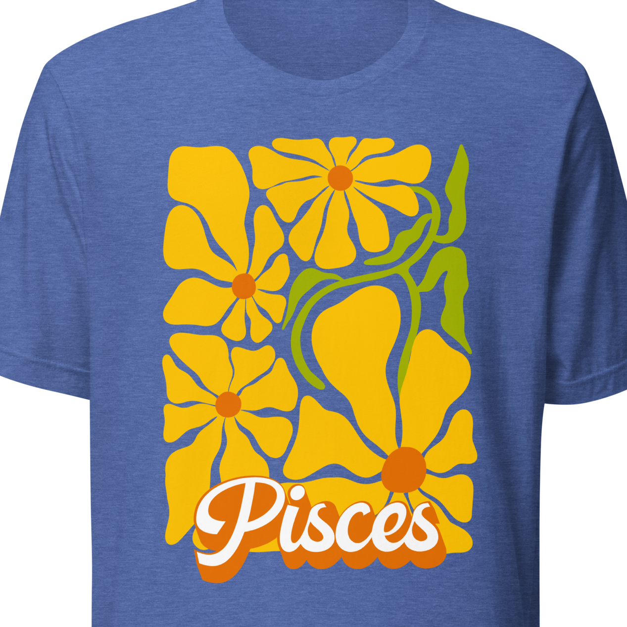 Blue t-shirt with yellow floral design and 'Pisces' text 