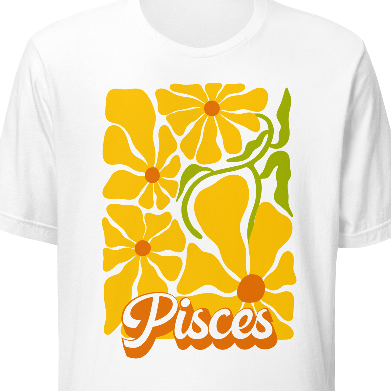 White t-shirt with yellow floral design and 'Pisces' text on a white background
