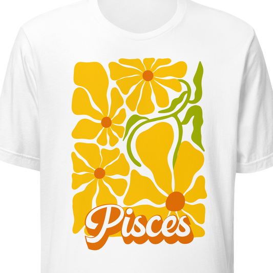 White t-shirt with yellow floral design and 'Pisces' text on a white background