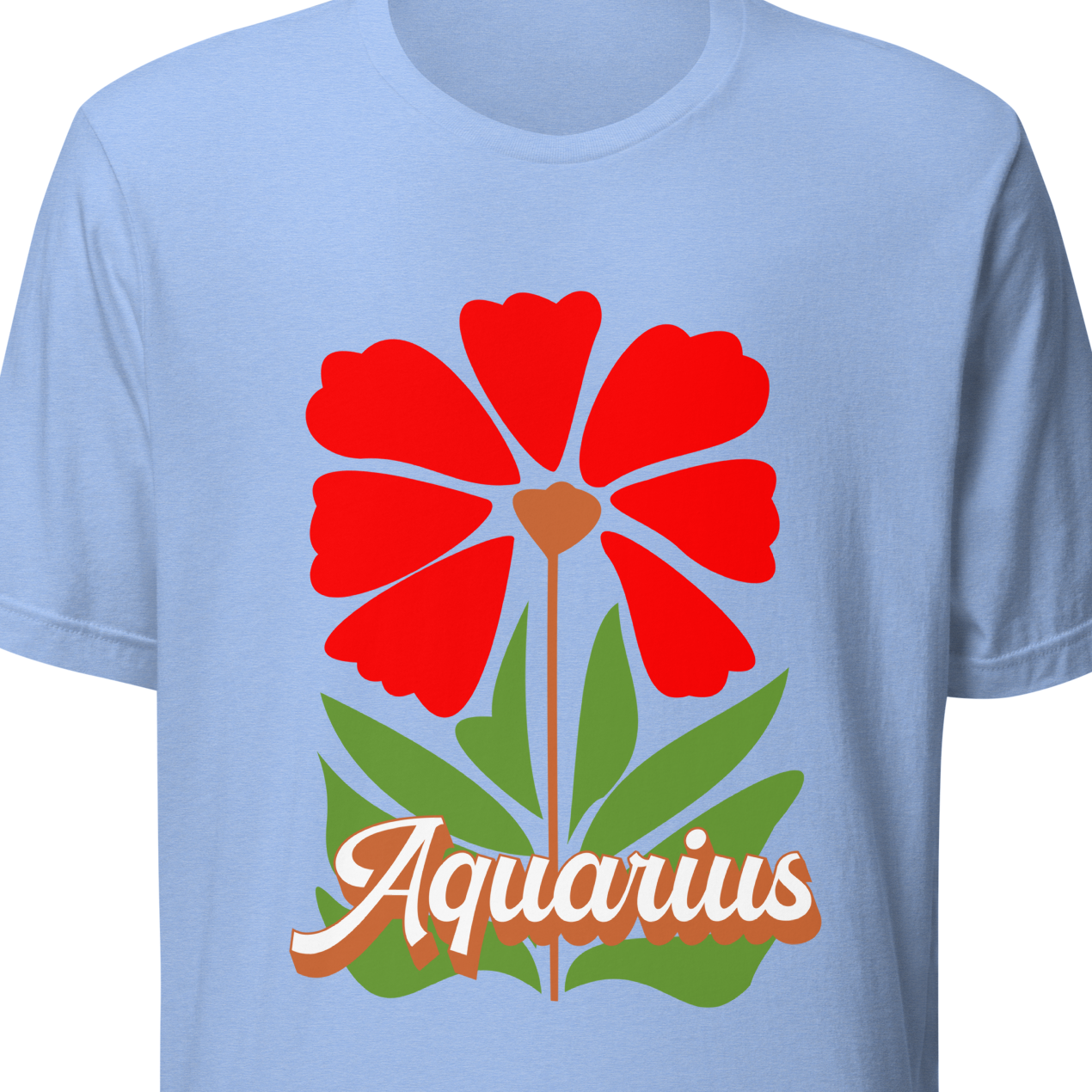 Light blue t-shirt with a red flower and 'Aquarius' text