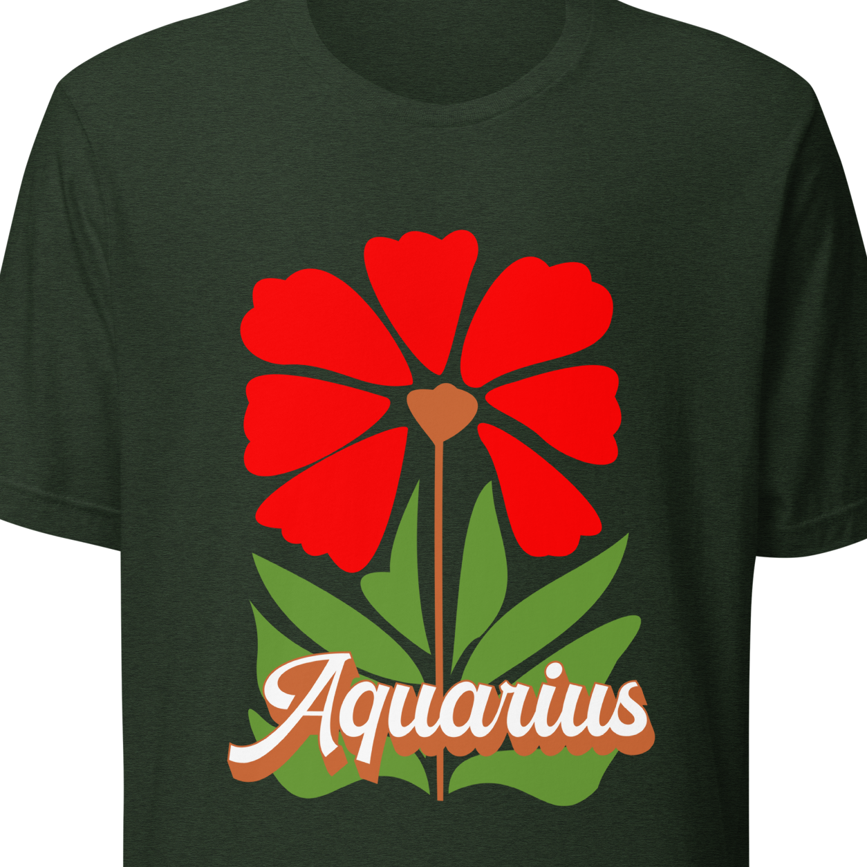 Green t-shirt with red floral design and 'Aquarius' text 